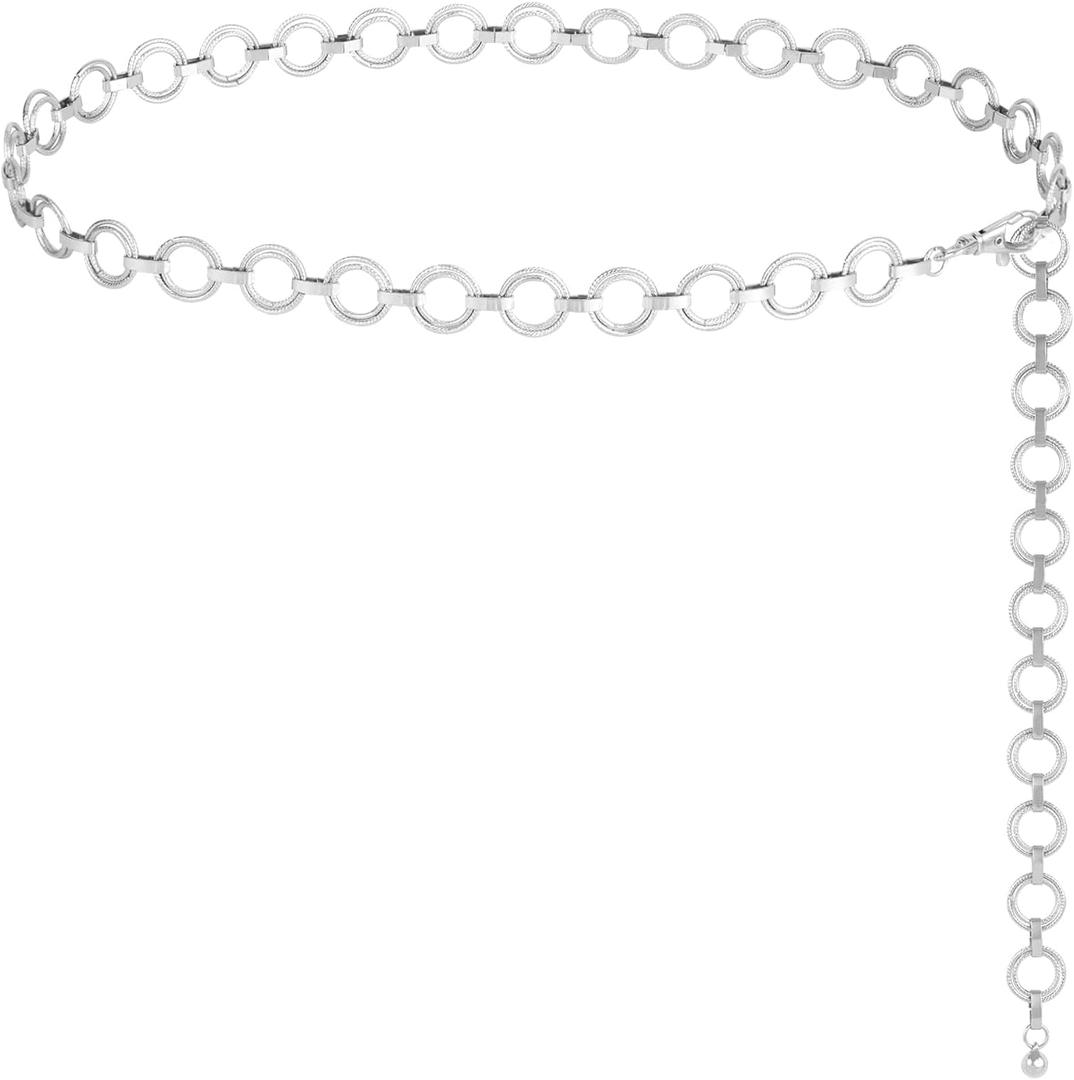 FIORETTO Chain Belt for Women Metal Waist Chain Fashion Multilayer Chain Belts for Dress (Fit Waist up to 40", Electroplate Circle-silver)