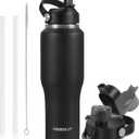 ABOTOCUP 32oz Black Water Bottle Stainless Steel, Keep Cold 24H&Hot 12H, Water Bottle with Straw&Spout Lids, Insulated Water Bottle Double Wall Vacuum, Fit in Any Car Cup Holder, Leak-proof BPA Free