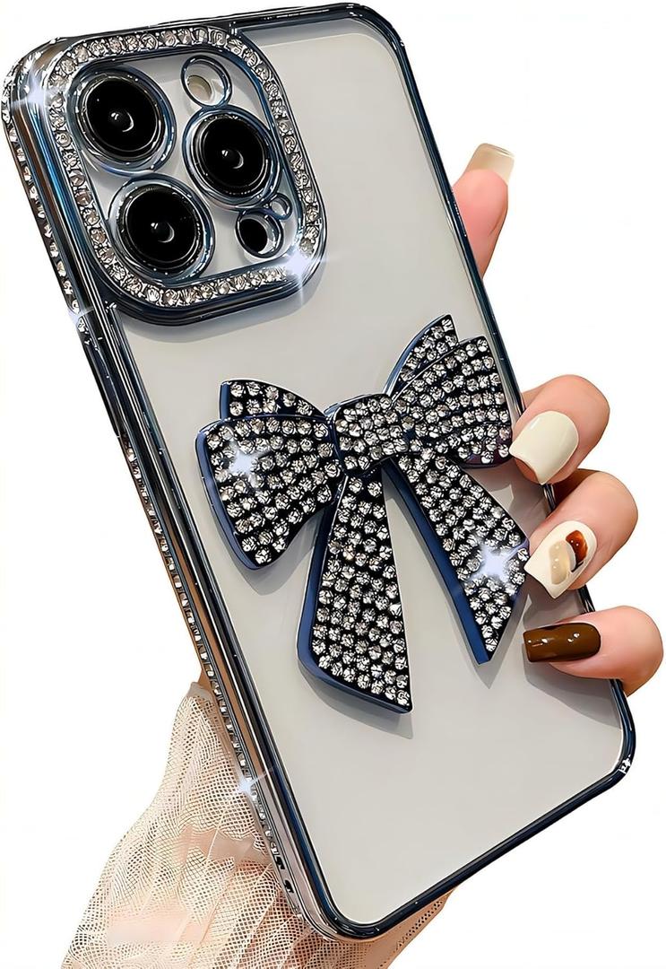 for iPhone Case,Luxury Crystal Diamond Rhinestone Sparkle Sparkly with 3D Bow Camera Lens Protection Clear Soft Shockproof Phone Case (Blue,iPhone 11)