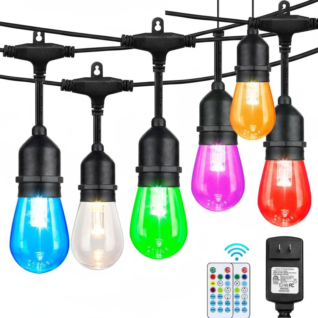 Auroraworld 24FT RGB Outdoor String Lights, Dimmable Color Changing Waterproof LED Patio Lights with Remote, 12 Shatterproof Bulbs for Backyard Garden Party Decor