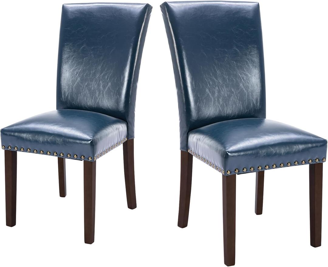COLAMY Upholstered Parsons Dining Chairs Set of 2, PU Leather Dining Room Kitchen Side Chair with Nailhead Trim and Wood Legs - Blue (L-blue)
