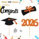 Chinco 100 Pack 2026 Graduation Cupcake Toppers Glitter Grad Cap Food Appetizer Picks Cake Caps Party Decorations Diploma Cupcake Picks for Cake Class of 2026 Graduation Party(Black and Orange)