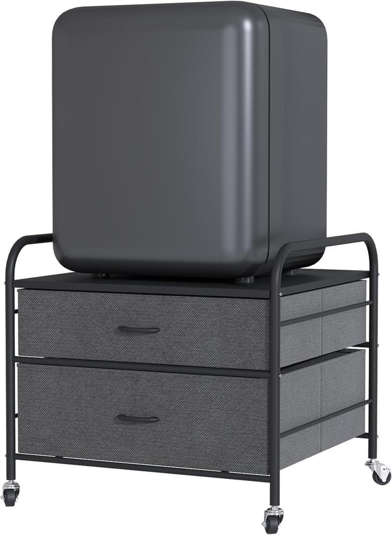 Mini Fridge Stand, 120LBS Mini Fridge Table, 2 Drawer Fridge Cart, Mini Fridge Stand with Storage, Metal Frame Iron Top, 4 Swivel Wheels for Home Kitchen, Black