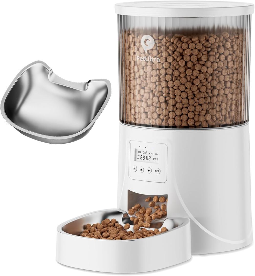 PETULTRA Automatic Cat Feeder: 4L Timed Cats Food Dispenser Programmable 1-6 Meal for Cat and Small Medium Dog- Auto Pet Feeder Dual Power Supply with Stainless Steel& | Detachable Washable White