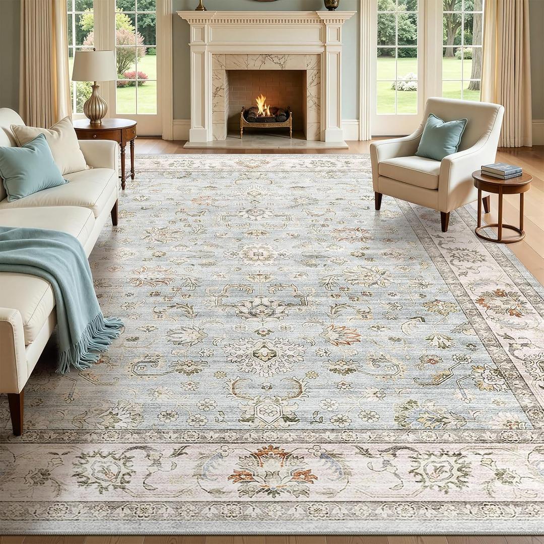 WITSHOCK 10x12 Area Rugs for Living Room: Machine Washable Non Slip Vintage Carpet - Low Pile Lightweight Print Rug for Bedroom Dining Room - Stain Resistant for Household - Pet Owners (Light Blue)