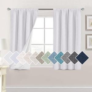 H.VERSAILTEX Linen Look 100% Blackout Curtains 45 Inches Long for Bedroom Rod Pocket 42 Inches Wide Linen Textured Thick Window Curtain Drapes with White Backing, Bright White, 2 Panels