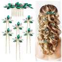 Dizila 7 Pieces Decorative Emerald Green Party Prom Wedding Bridal Rhinestone Hair Side Comb+U-shaped Hair Pins Accessories for Women Girls Brides Bridesmaids