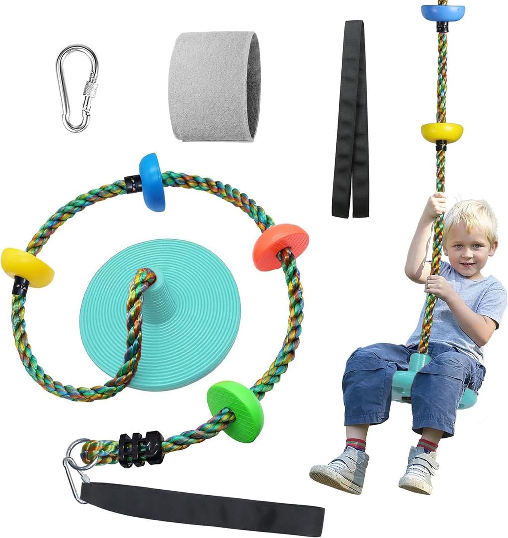 Tree Swing for Kids Backyard Single Disc Rope Seat for Tree Indoor Outdoor Playground Swing Set Accessories with Thickening 4 Ft Strap-Cyan