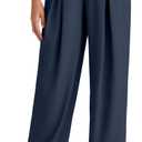G4Free Lightweight Wide Leg Pants Women Trendy Flowy High Waisted Front Pleat Travel Pant Casual Lounge Trousers (Small Petite, Dark Blue)