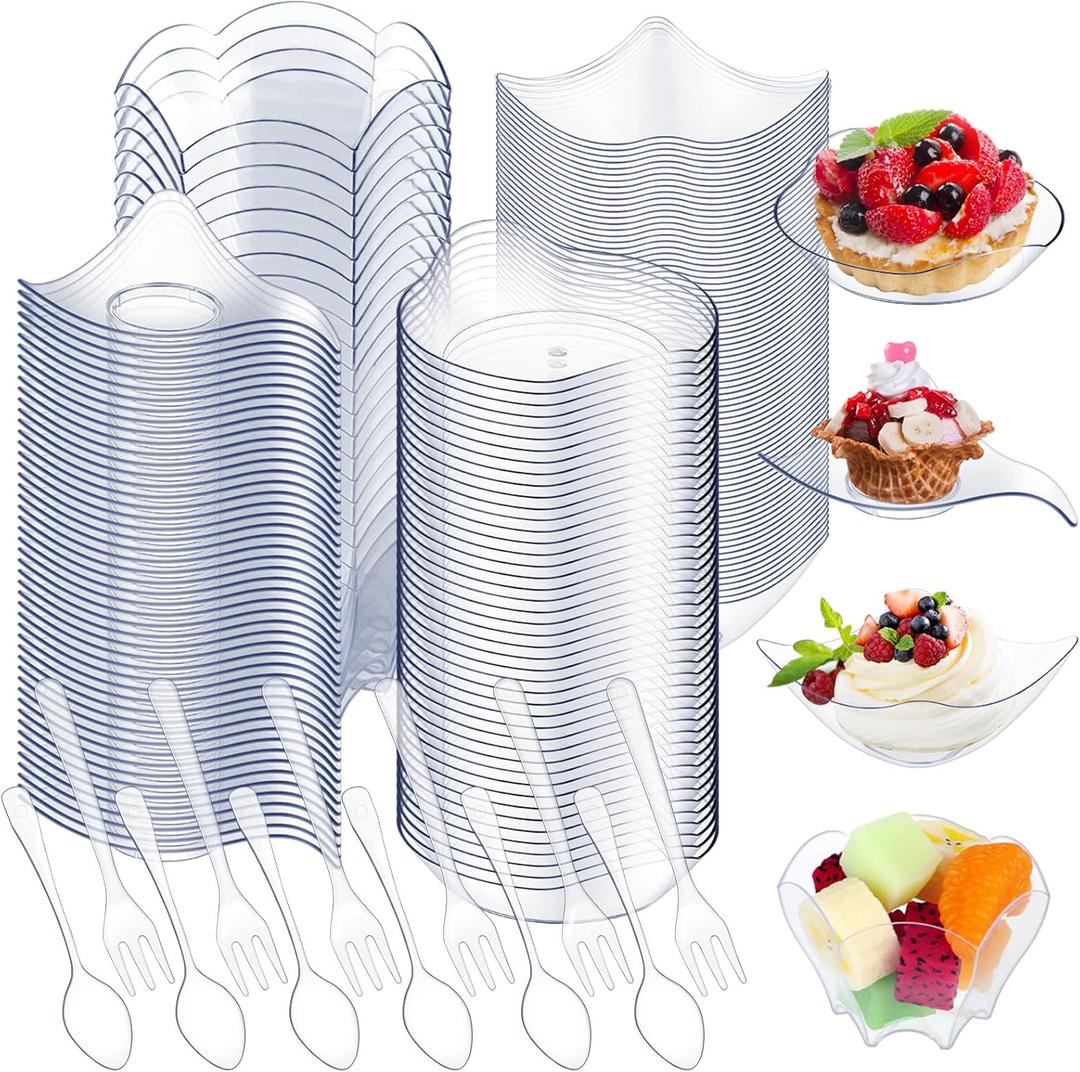 Tessco 800 Pcs Mini Appetizer Plates Set Including 400 Disposable Dessert Plates Assorted Shape 200 Mini Plastic Forks 200 Plastic Spoons for Party(Clear,Stylish)