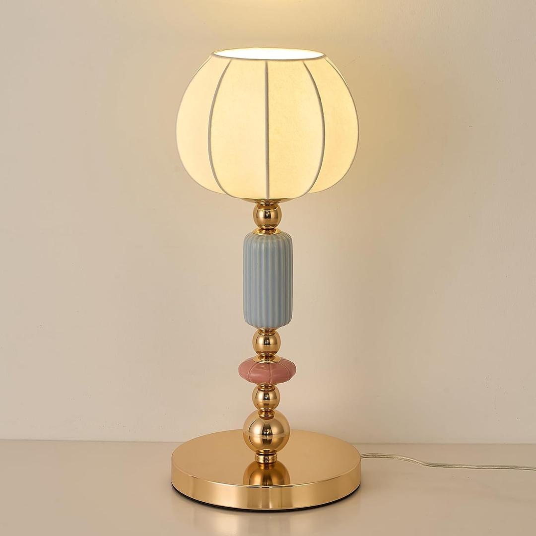 Modern Imitated Silk Table Lamp Plug in Metal Base Desk Light with Plug Cord Switch for Bedroom Bedside Living Room