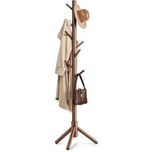 Wooden Coat Rack Freestanding with 8 Hooks & 3 Adjustable Sizes for Clothes, Space-Saving Design for Bedroom Office Entrance Holds Hats Coats Scarves Bags (1 PC, Brown)