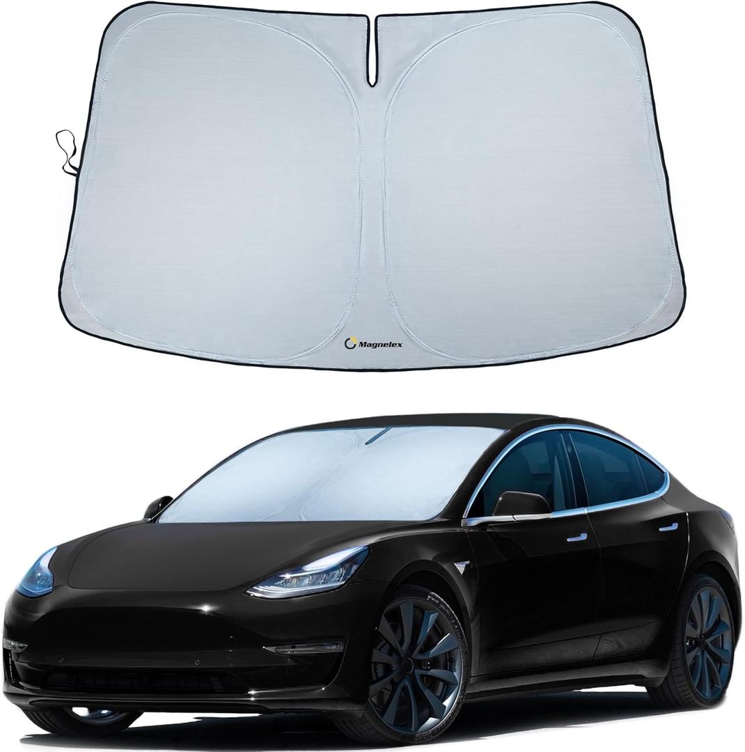Magnelex Tesla Windshield Sun Shade (Model 3/Y), Reflective Polyester Blocks Heat & Sun, Foldable Car Window Sun Blocker, Mirror Cut-Out, Fade-Resistant Sunshade, Tesla 3 Accessories