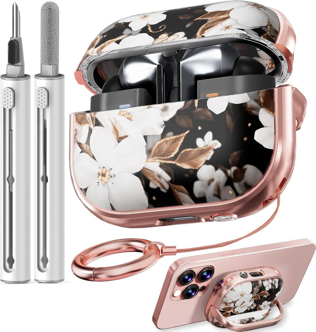 Inesore with Safety Lock for Samsung Galaxy Bud Pro 3 Case/Galaxy Buds 3 Cases with Cleaner Kit and Keychain, Cute Floral Buds Pro 3 Case Cover for Women Girly - Black Gold Flower