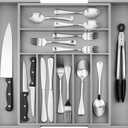 Purawood Bamboo Drawer Organizer - Expandable Silverware Organizer & Utensil Organizer, Cutlery Tray with Dividers, 7-9 Slots - Premium Kitchen Drawer Organizer for Utensils & Flatware (Grey)