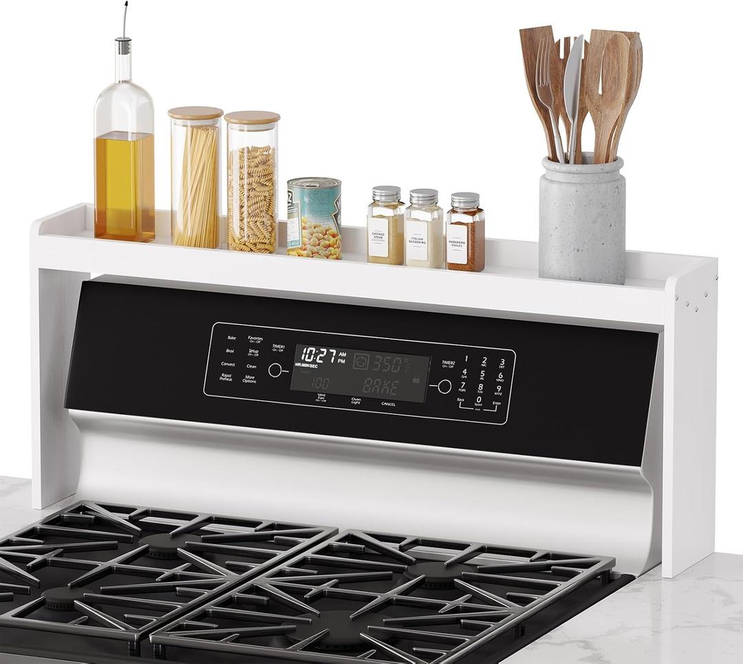 SpaceAid Bamboo Over the Stove Spice Holder Shelf, 31.5" Kitchen Organizer Stove Spice Top Rack, 11.6" Height Countertop Storage, Over Oven Back Sink Organization Shelf, White (Large)