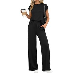 PRETTYGARDEN Womens 2 Piece Outfits Casual Cap Sleeve Lounge Set Summer Tracksuits Matching Sets Beach Fashion Travel Clothes (Large, Black)