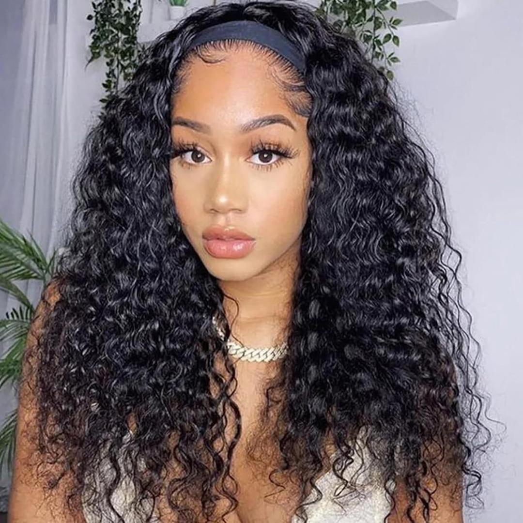 Curly Headband Wig for Women, 20 Inch Wear and Go Glue less Wigs Deep Wave Wig Half Wig As Human Hair with 1 Headband, 180% Density Synthetic Wigs None Lace Front (Short Curly-OMBREBROWN)
