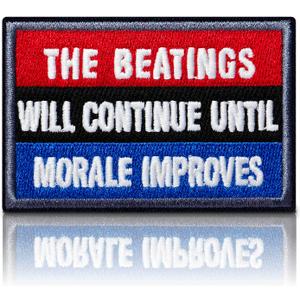 2 x Funny Patch - The Beatings Will Continue Until Morale Improves Tactical Hook & Loop Embroidered Emblem Glow-in-the-Dark Morale Patches (3"x2")