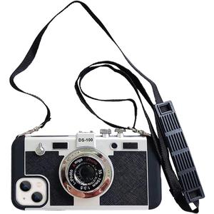 Yatchen Camera Case Compatible with iPhone 13, Cute 3D Vintage Camera with Lanyard Adjustable Shoulder Strap Girls Women Unique Cool Silicone PC Cover Black