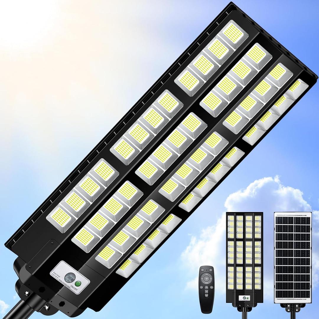 12000W Solar Street Lights Outdoor Waterproof, Large Solar Parking Lot Light Dusk to Dawn with Radar Motion Sensor and Remote Control, Pole or Wall mounted, for Outside Yard Driveway Barn Garage