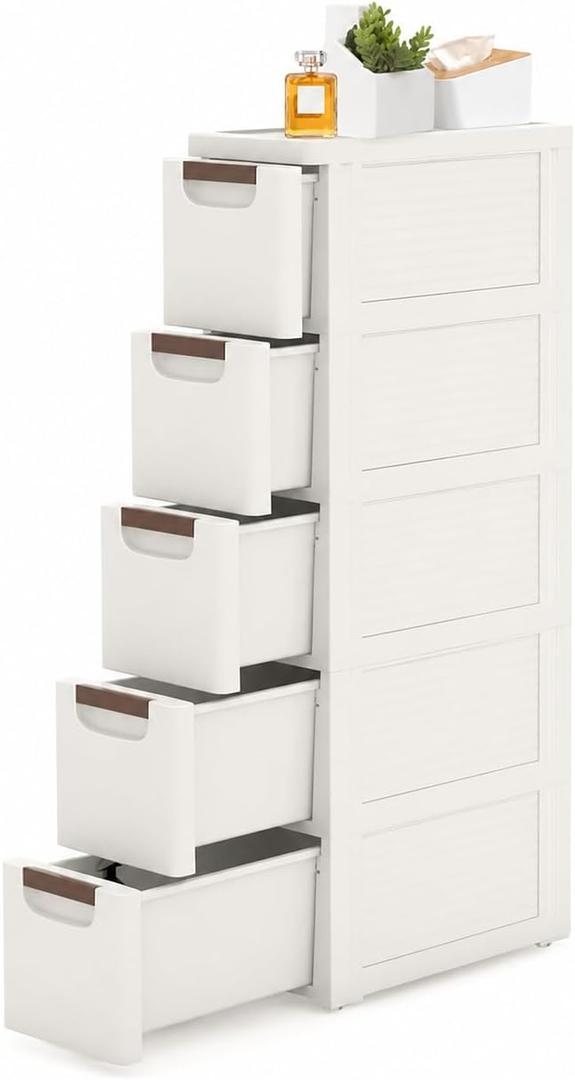 5 Drawer Slim Storage Cabinet, Narrow Rolling Cart Organizer, White