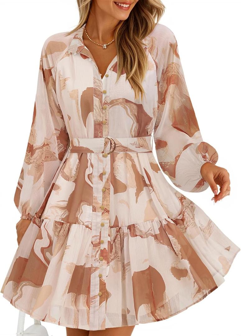 ZESICA Womens Spring Summer Floral Mini Dress Long Sleeve Button Chiffon A Line Swing Short Wedding Guest Party Dresses (Medium, Brown)