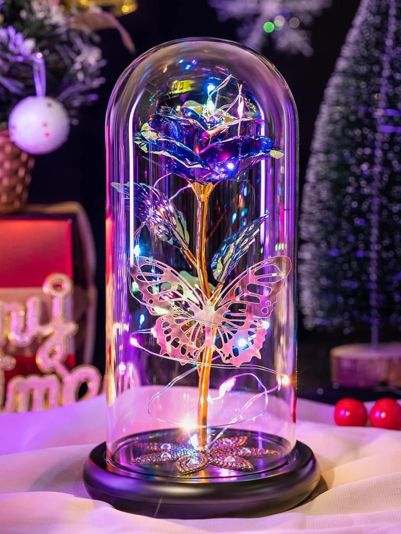 Mothers Day Flowers Gifts for Mom Women Birthday Gift Galaxy Glass Rose Forever Eternal Crystal Flowers Rose in Glass Dome with Butterfly Mother's Day Roses Gifts for Mom Daughter Wife Grandma Purple