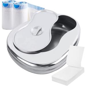 Stainless Steel Bed Pan for Elderly Females Heavy Duty Bedpan Set with 30 Liners Disposable and Super Absorbent Pads Thick Large Bed Pans with Lid for Men Women Home Use