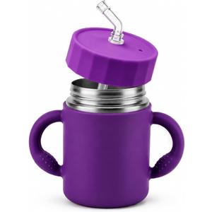 12oz Kids Stainless Steel Water Bottle, Spill Proof Insulated Stainless Steel Sippy Cup with Straw & Handles, Stainless Steel Toddler Cups with Silicone Sleeve, Great for Travel - Purple