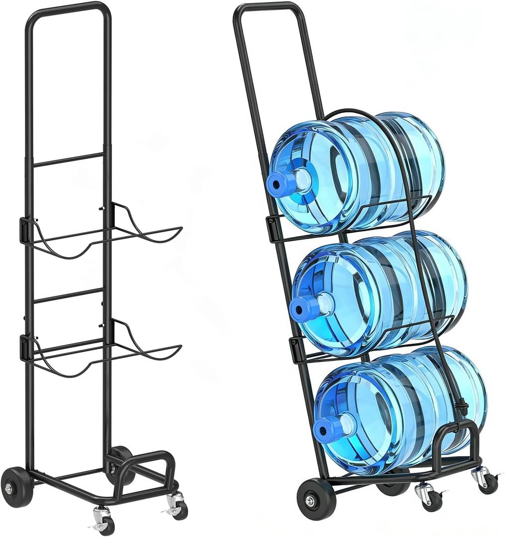 5 Gallon Water Bottle Stand with Wheels, 3 Tier Water Jug Holder Cart with Lockable Casters, Heavy Duty Water Bottle Rack Organizer, Water Dispenser Stand for Home, Office, Garage, Black