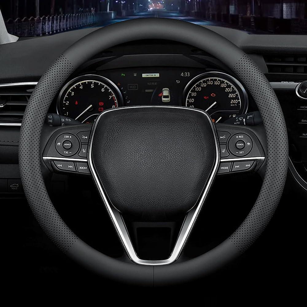 LKWLIKEI Nappa Premium Leather Car Steering Wheel Cover, Non-Slip, Breathable, Universal 15 inches, Black