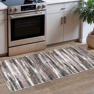 Lansny Modern Abstract Runner Rug 2x5, Dark Light Brown White Washable Kitchen Runner Entryway Rug Mat Non-Slip Soft Hallway Rug Runner Thin Print Faux Wool Carpet for Bedroom Laundry Room Indoor,  Dark Light Brown White, 2' x 5' (Runner)