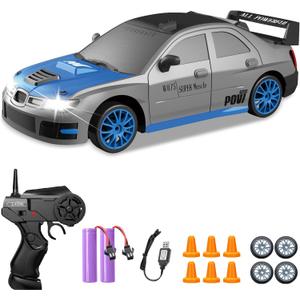 Remote Control Car, 1/24 2.4GHz 4WD RC Drift Car High Speed RC Cars Racing Cars with Cool Lights, Two Rechargeable Batteries and Extra Tires Toy Car for Kids Boys Adults
