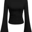 PRETTYGARDEN Women's Long Sleeve Shirts 2025 Fall Crop Going Out Tops Casual Boat Neck Bell Sleeve Ribbed Ruched Y2K Clothes (Black, Large)