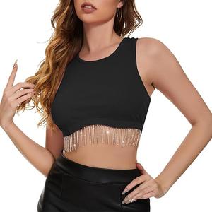 Sparkly Fringe Tops for Women Disco Cowgirl Outfits Sleeveless Nashville Outfits Sequin Concert Crop Tops, Medium