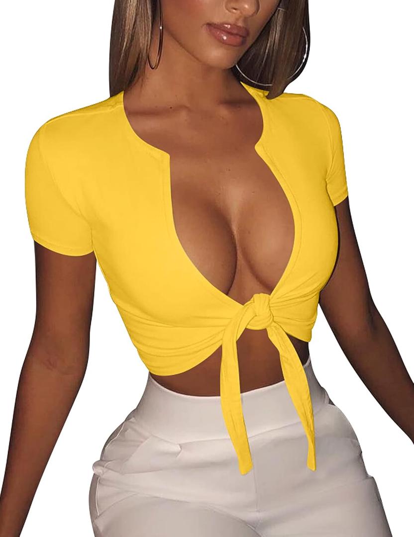 BORIFLORS Women's Sexy Tie Up Crop Top Short Sleeve Deep V Neck Casual Basic T Shirt (Yellow, M)