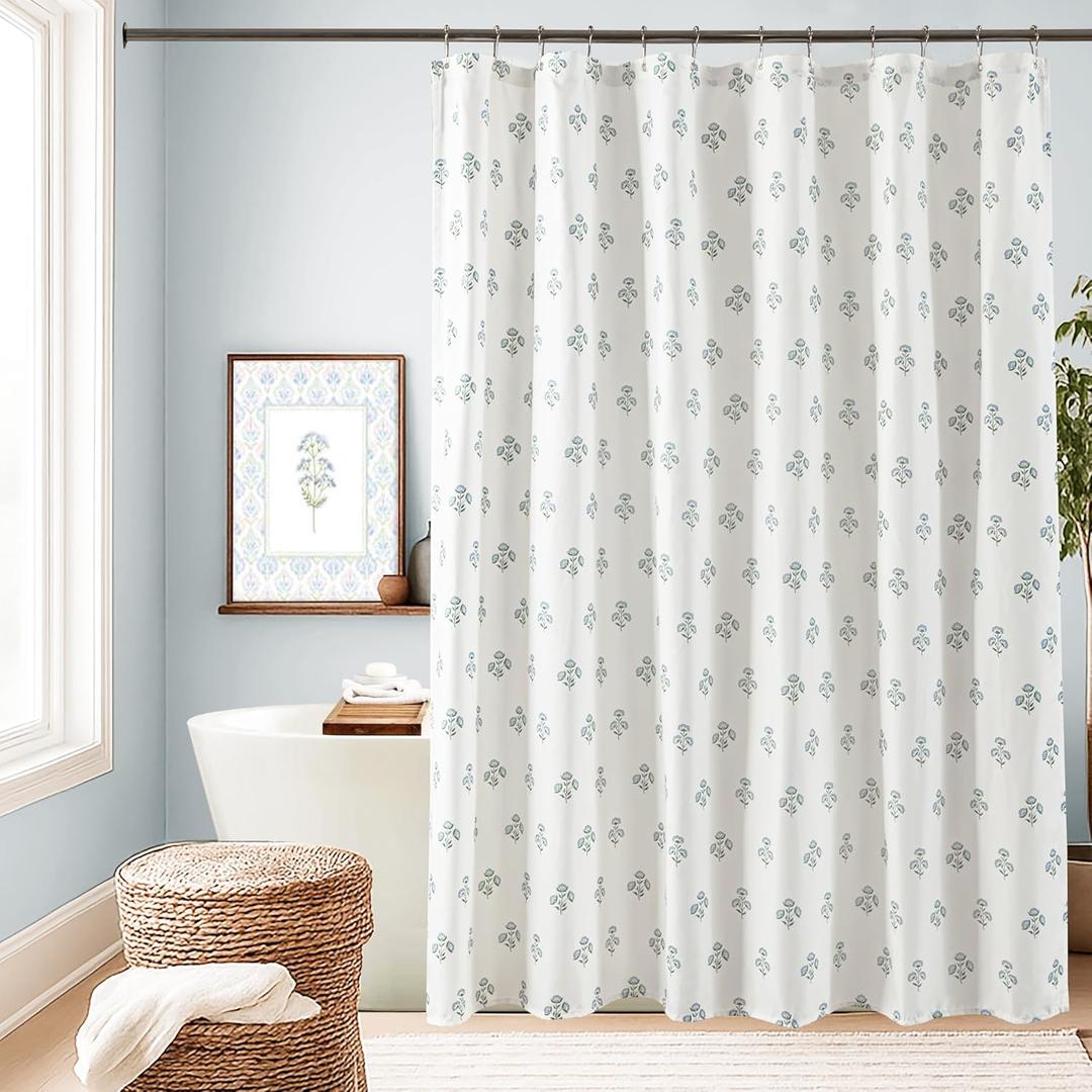 Lino Rosa Blue and Green Floral Shower Curtain, Light Blue and White Spring Summer Shower Curtains for Bathroom, Coastal Farmhouse Botanical Flower Block Print Cloth Fabric Bath Curtain, 72x72