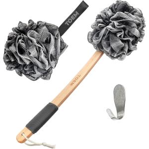Loofah Back Scrubber for Shower | Bamboo Charcoal Fiber Infused | Loufas for Men & Women | Includes 1 Long Handled Shower Sponge, 1 Bath & Shower Luffa Pouf & 1 Hook to Hang Stuff (Slate Grey)