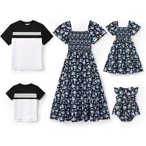 PATPAT Family Matching Outfits Mommy and Me Dresses Floral Dress & T-Shirts | Mommy and Me Easter Dresses, Puff Sleeve Floral Sundress, Cotton Blend T-shirts, Couples Party Wedding Vacation Outfits (White)