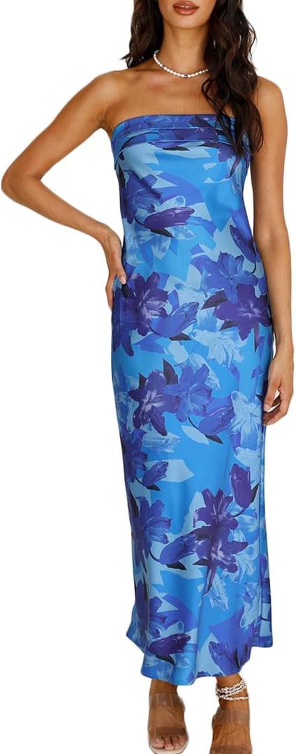 Realtix Satin Silk Backless Tube Tops Maxi Dress for Women Low Back Hollow Out Elegant Strapless Long Dresses Wedding Guest, Small