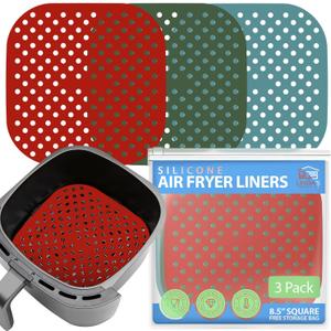Reusable Square Silicone Air Fryer Liners (8.5 Inch, 3 Pack) by Lindas Essentials - Non-Stick, Easy-Clean Accessories with Cheat Sheet & Recipe Book, Perfect for Quick Meals