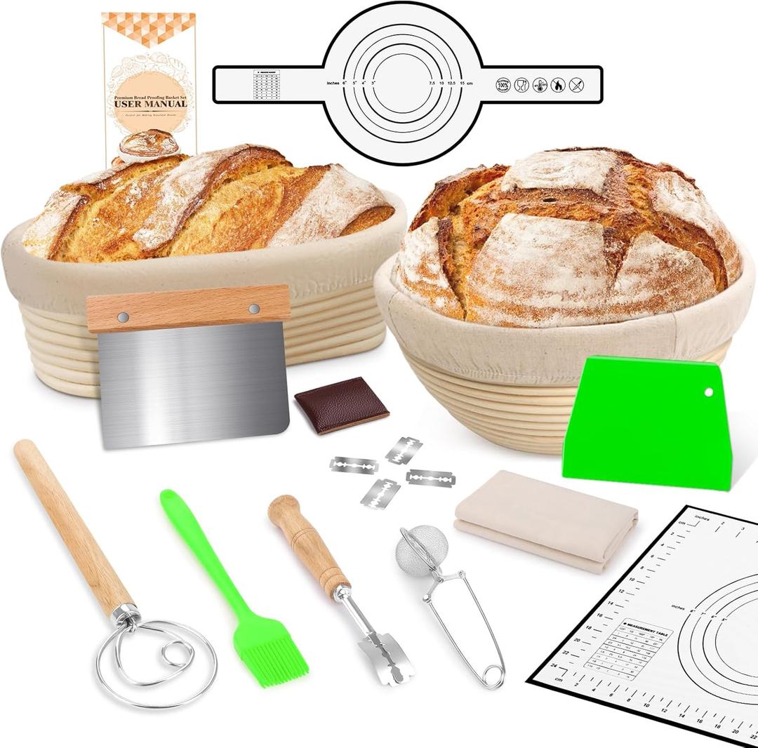 Large Sourdough Bread Baking Supplies, 10 Inch Round &12 Oval Banneton Bread Proofing Basket, Sourdough Starter Kit for Making Baking Fermentation