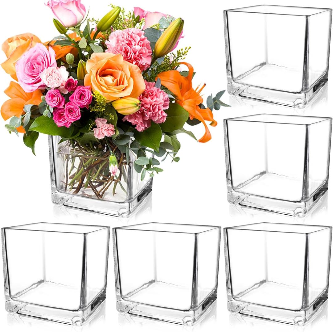 6 Pack Square Glass Vases 5 x 5 x 5 Inch, Clear Cube Flower Vases for Centerpieces, Candle Holders for Wedding Party Home Decor