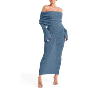 Saodimallsu Womens Off Shoulder Summer Maxi Dress Bell Long Sleeve Sexy Bodycon Strapless Sheer Beach Swimsuit Coverup (Blue)