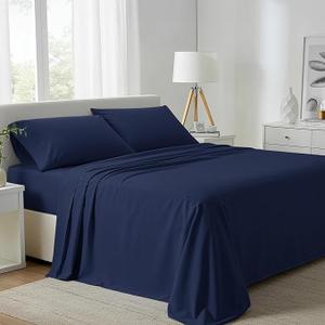 Carressa Linen 100% Egyptian Cotton King Size Sheets Set - 800 Series Tulips Collection Egyptian Cotton Sheets King Size (4 PC, Navy Blue), 16" Deep Pocket Sateen Weave Luxury Bed Sheet