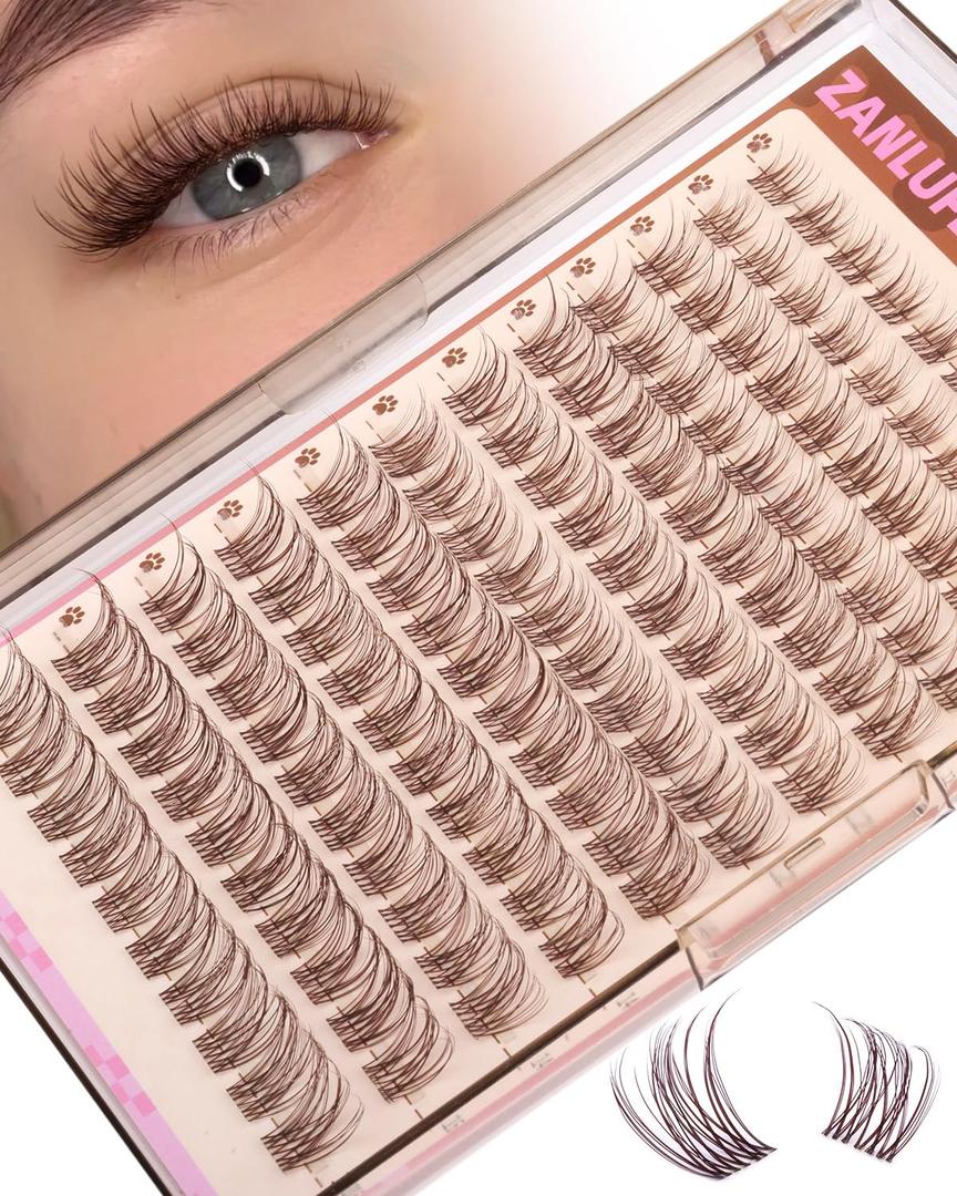 Brown Lash Clusters Clear Band Eyelash Clusters Natural Lashes Clusters Dark Brown Lash Extension C Curly Cluster Eyelash Extensions 8-16mm DIY Individual Lashes