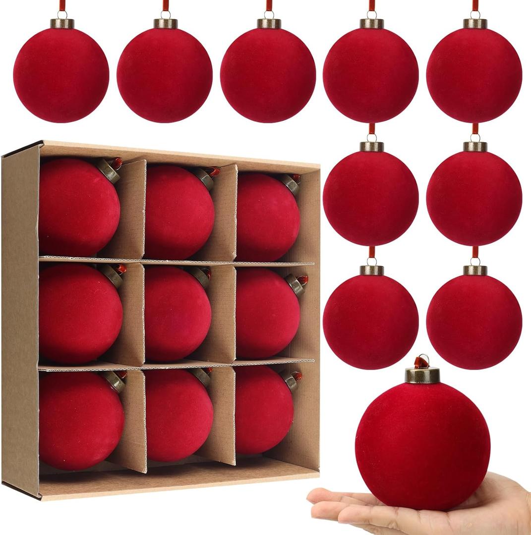 9 PCS Christmas Velvet Balls Flocked Xmas Tree Ball Ornaments Christmas Large Ball Set Xmas Tree Hanging Decoration 4 Inch, 6 Inch (Red, 4inch)