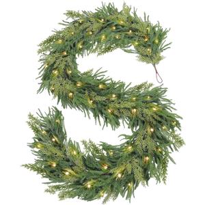 Prelit & Timer - 9 Ft by 12 Inch Christmas Garland with Lights, Real Touch Norfolk Pine Garlands Cedar Garland Artificial Realistic Soft Thickness 180 Pine Cypress Tips for Mantle Table Stairs Railing