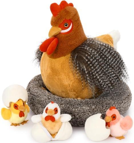 MaoGoLan 8Pcs Chicken Stuffed Animals, Stuffed Hen Plush Toys with Babies Chickens and Eggs, Nest House Plush Set, Cute and Soft Farm Stuffed Animals Gift for Kids